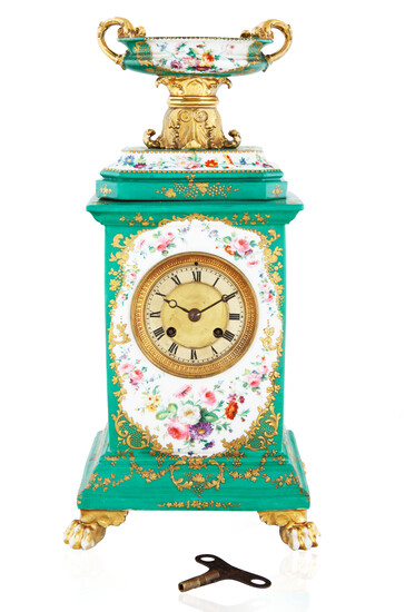 LIKELY FRENCH PORCELAIN AND GILT MANTLE CLOCK