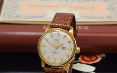 LONGINES nearly mint 18k yellow gold gents wristwatch Conquest Calendar...