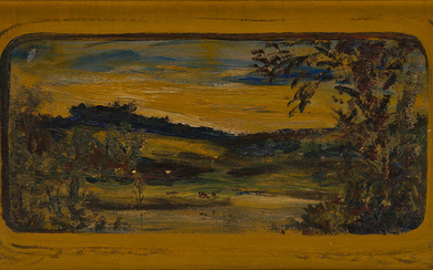 LOUIS EILSHEMIUS Golden Landscape. Oil on board, circa 1910. 270x495 mm; 10 3/4x19...