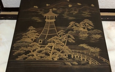 Lacquer ware/Urushi ware - Lacquered wood - Village and pine trees with bridge - Japan - Meiji period (1868-1912)