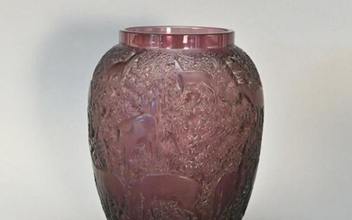 Lalique 'Biches' Amethyst Glass Vase, Twentieth C.