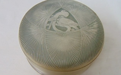 Lalique art glass box with "Genevieve" (2 birds) pattern lid, signed R. Lalique in script, circa