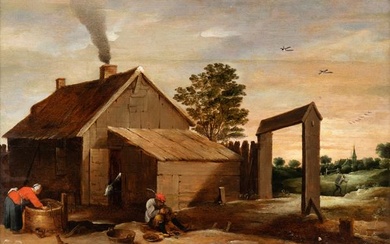 Landscape with house and farmer cleaning oyster, David Teniers Il Giovane (Anversa, 1610 - Bruxelles, 1690) Sphere of