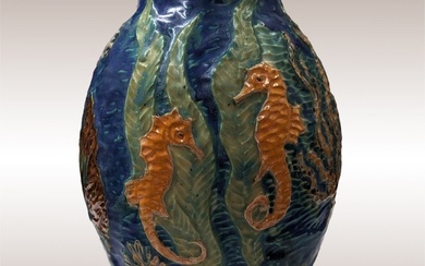 Large Vintage Martin Cushman Florida Faience Art Pottery Vase, Signed...