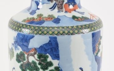 Large antique Chinese famille verte porcelain rouleau vase with underglaze blue decoration.