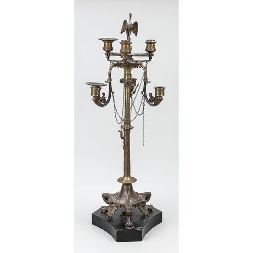 Large candlestick, late 19th century, bronze, polished stone...