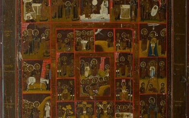 Large icon painted on wood representing a "Calendar with scenes from the Life of Christ". Russian work. Period: 19th century. (*). Size: +/-52,7x45,7cm.