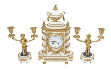 Late 19th Century French White Marble and Gilt Brass Clock Garniture