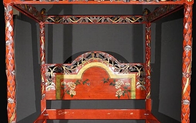 Latin American Carved, Partial Silvered and Red Lacquered Wood King Size Tester Bed Last Half 20th Century