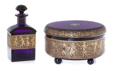 Leo Moser (1879-1974) for Moser, 'Battle of the Centaurs' from the 'Fipop' series box with cover bearing an 'Oroplastique' gilded frieze, and a similar bottle with stopper, 1912-1922, , Amethyst glass, Underside etched 'Made in / Czecho Slovakia /...