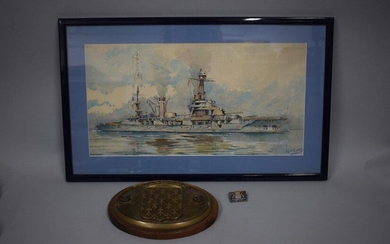 Lot composed of : L. Saint Requier, Brittany, Watercolour, signed lower right and titled lower left, 22 x 43. A muzzle slap with the arms of Brittany and a crew badge with the arms cuirassier Bretagne.
