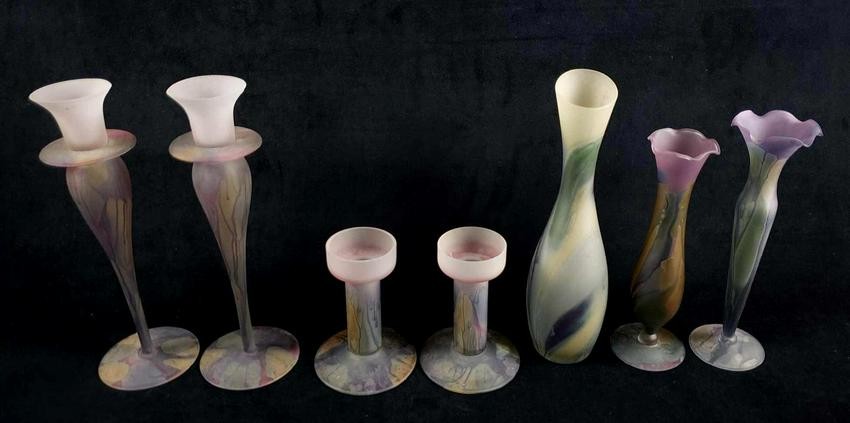 Lot of 7 Nouveau Art Glass by Rueven Candlestick