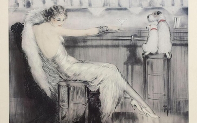 Louis Icart Print Woman with Dogs at a Bar