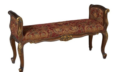 Louis XV Style Gilt Wood Window Bench, 20th/21st c., with scrolled upholstered ends, shaped skirt