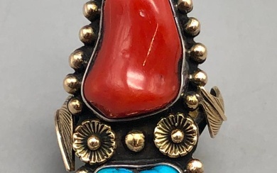 Luke Billy Yazzie 14K Gold And Sterling Silver Turquoise and Coral Ring