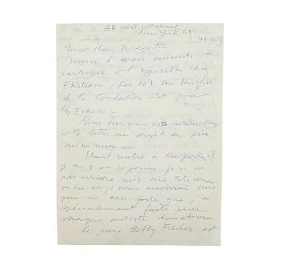 MARCEL DUCHAMP (1887-1968) LETTRE AUTOGRAPHE SIGNÉE à René MAGRITTE. New-York, 26...