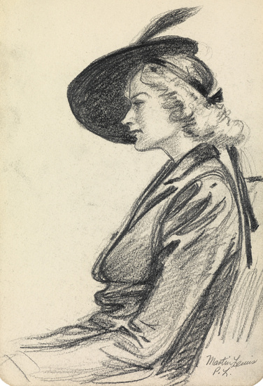 MARTIN LEWIS Two portrait drawings. The Feathered Hat, pencil on paper, 1930. 223x150...