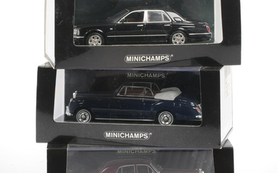 MODEL CARS, 3 pcs, metal/resin, incl. Bentley S2 Cabriolet, Minichamps, 1:43 scale.