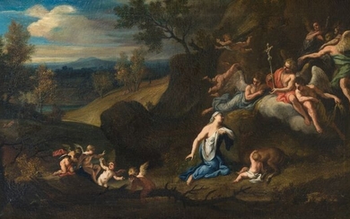 Maestro genovese del XVII-XVIII secolo - Paesaggio con S. Genoveffa di Brabante e la Cerva dispensatrice di latte