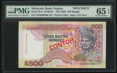Malaysia, 500 ringgit, ND(1989), specimen, serial number ZW0000000, (Pick 33As)
