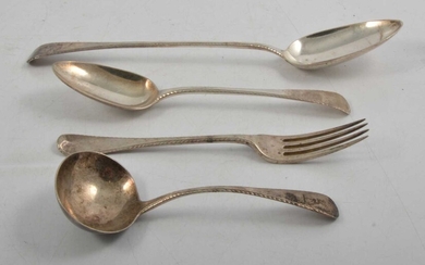 Matched part set of silver cutlery, to include a basting spoon, William Chawner II, London 1821.