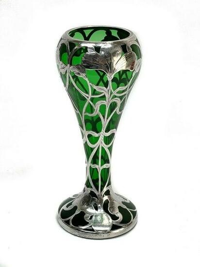 Matthews Co. 999 Fine Silver Overlay Green Glass Vase