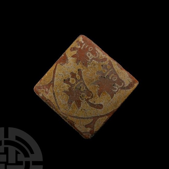Medieval Glazed Ceramic Tile with Three Crowned Lions in Heraldic Shield