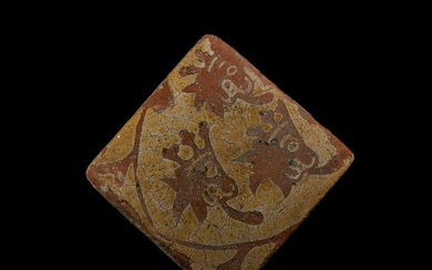 Medieval Glazed Ceramic Tile with Three Crowned Lions in Heraldic Shield