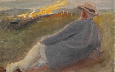 Michael Ancher: A man with straw hat lying in the dunes watching a fire. Signed M. A. Oil on canvas. 46×63 cm.