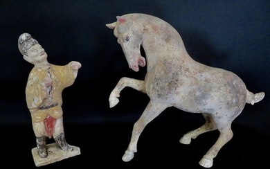Mingqi - Earthenware - Dancing horse and tamer (groom)with TL test - China - Tang Dynasty (618-907)