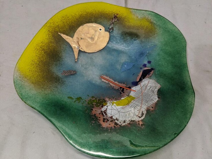 Modern Abstract Art Glass Platter w/ Fish