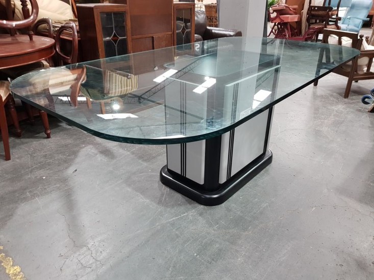 Modern Single Pedestal Dining Table with Large Glass Top