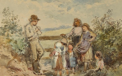 Myles Birket FOSTER (1825-1899), watercolour Family scene, monogrammed