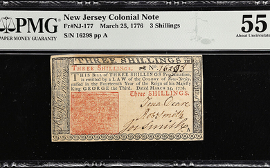 NJ-177. New Jersey. March 25, 1776. 3 Shillings. PMG About Uncirculated 55.