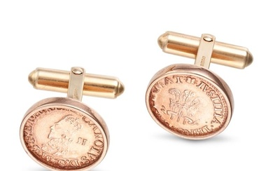 NO RESERVE - A PAIR OF GOLD COIN CUFFLINKS in 9ct rose gold, each set with a commemorative coin from