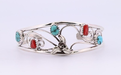 Native America Navajo Handmade Sterling Silver Coral / Turquoise Bracelet By C.