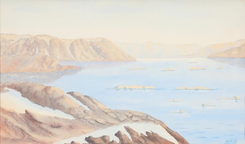 SOLD. Niels Laurits Nielsen: Scenery from Greenland. Both signed NLN 38. Watercolour on paper. Visible size 31 x 52 cm. (2) – Bruun Rasmussen Auctioneers of Fine Art
