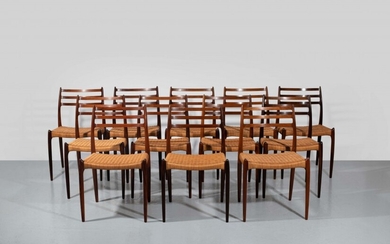 Niels Otto MØLLER 1920 - 1982 Suite de douze chaises mod. 78 – 1976 18: 12 x n.o Møller Chair no 78 rosewood and cane