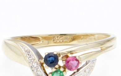 No Reserve - 14 kt. Bicolour, Gold - Ring - 0.04 ct Diamond - Sapphire, Ruby, Emerald