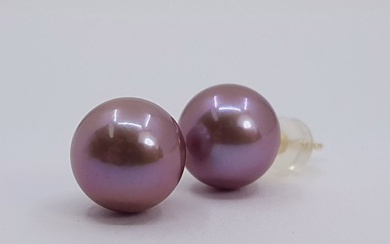 No Reserve Price - 10x11mm Round Purple Edison Pearls - Earrings Yellow gold