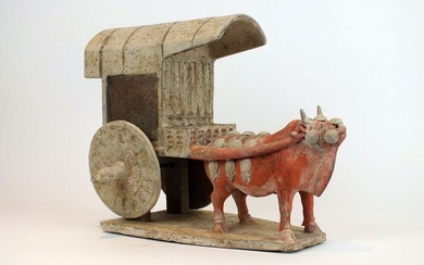Northern Qi Dynasty (550 to 577 A.D.) Terracotta Very Large and Impressive Chinese Terracotta Ox Cart Diorama, TL test- Long 42 cm. - 30×42×18 cm - (4)