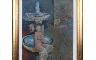 Oil Painting of Nude Figures Next to Fountain, Circa 1970