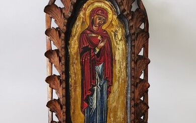 Old Hand Painted Icon - Wood Carving of the Blessed Virgin Mary - The Silent - 60 cm - Wood
