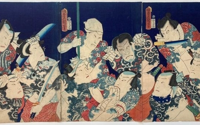 Original woodblock print triptych - Mulberry paper - Utagawa Kunisada (1786-1865) - Utagawa's Lifetime Masterpiece, from the Japanese version of the Shuihu Zhuan - Japan - 1863 (Bunkyu 3)