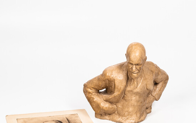 Oscar Nemon Plaster Bust of Sigmund Freud and a Lithograph of Sigmund Freud