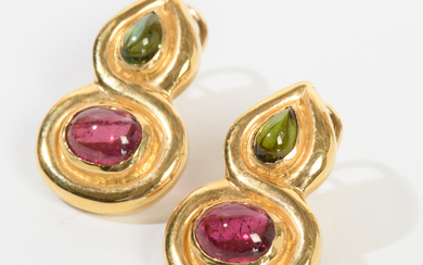 PAIR 14K (585) YELLOW GOLD, PINK AND GREEN TOURMALINE MODIFIED...