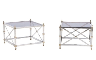 PAIR CHROME AND BRASS END TABLES JANSEN STYLE