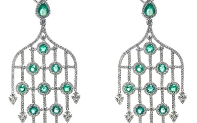 PAIR OF 18CT WHITE GOLD, EMERALD AND DIAMOND EARRINGS