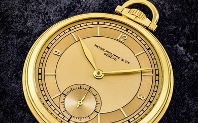 PATEK PHILIPPE. A RARE AND GORGEOUS 18K GOLD POCKET WATCH WITH TWO-TONE DIAL REF. 646, MANUFACTURED IN 1938