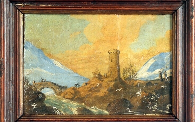 Paesaggio con torre, olio su tela, cm. 14,5x21,5, entro cornice., Alessio De Marchis (1684 - 1752)